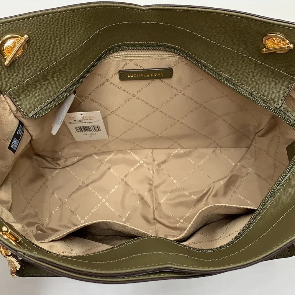 MICHAEL KORS Jet Set Large XChain Logo Shoulder Tote Bag OLIVE/BROWN COLOR